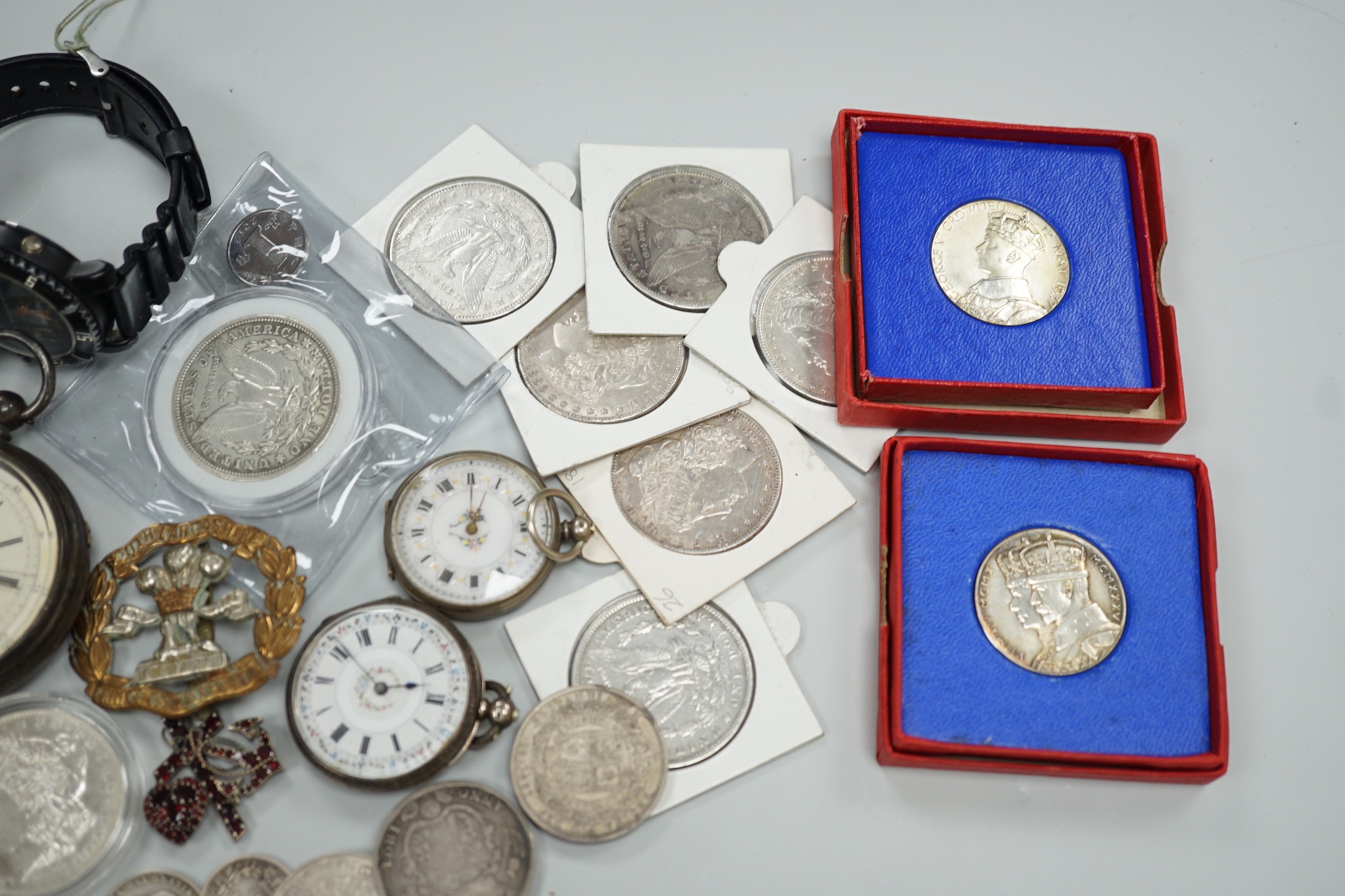 Assorted collectable items, including two silver open faced chronograph pocket watch, a chrome cased military Jaeger LeCoultre pocket watch, two wrist watches, two fob watches, assorted coins including US dollars, cap ba